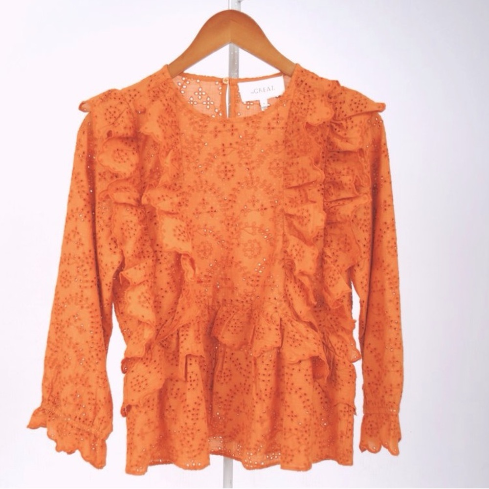 The Great. Eyelet Ruffle Flutter Top In Spice Orange Boho‎ Blouse size 0 XS - Picture 5 of 6